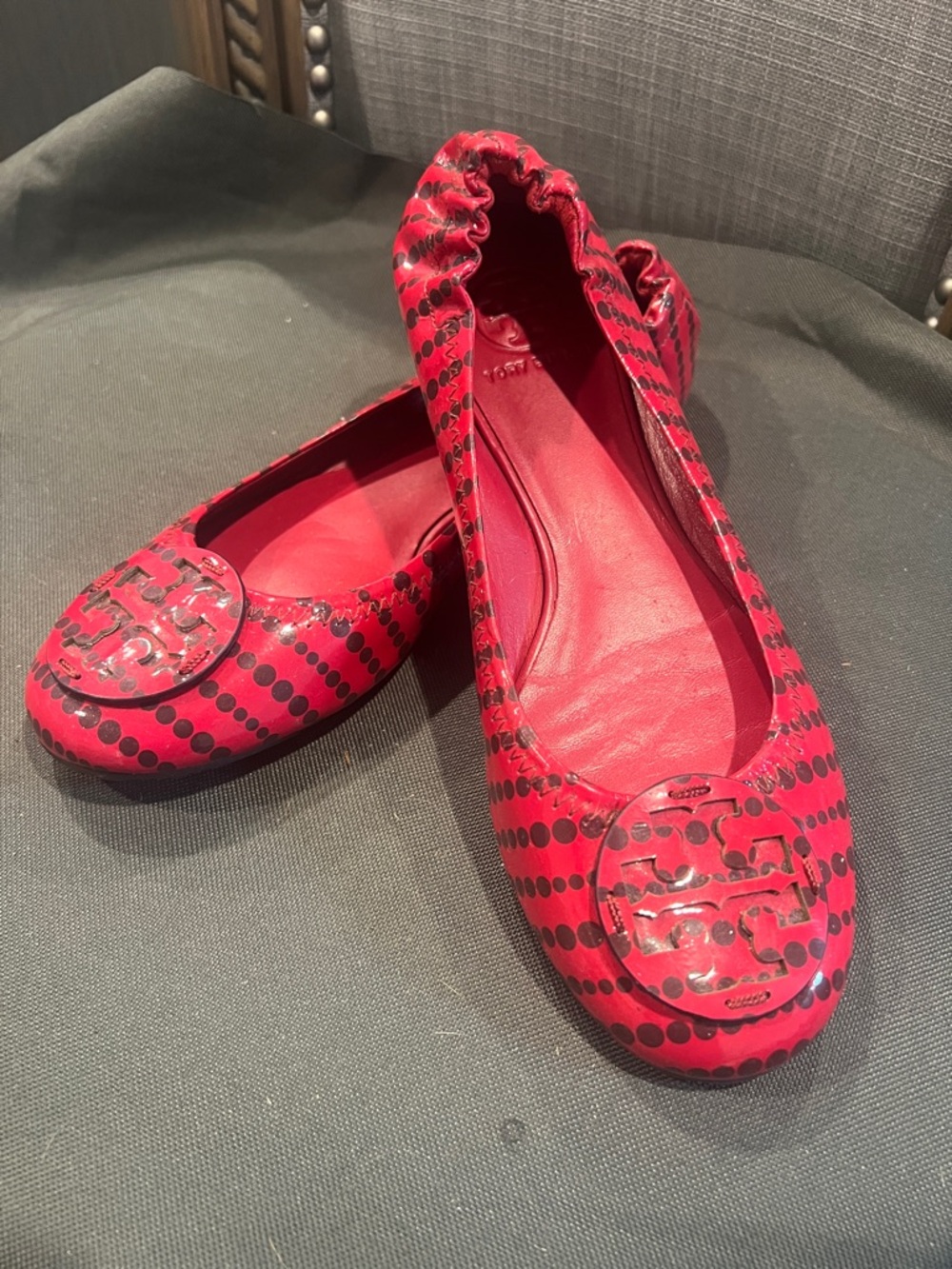 Tory Burch Red and Black Polka Dot Minnie Travel Ballet Flats